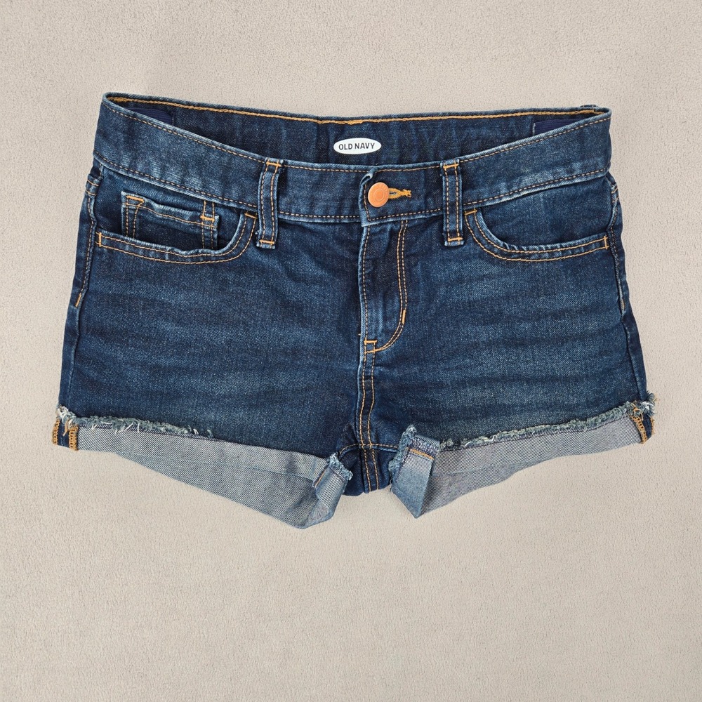 Old Navy Girls 12 Denim Shorts Dark Wash Cuffed Raw Hem Adjustable Waist